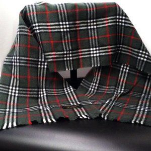 Vintage 80s Plaid Scarf 'Wool Touch' Korea 53"x11.5" Acrylic Fringe Green Black